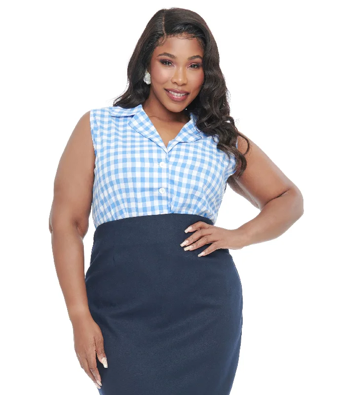 Barbie x Unique Vintage Plus Size 1950s Blue & White Gingham Commuter Set Collar Blouse Chic Sleeveless Blouse