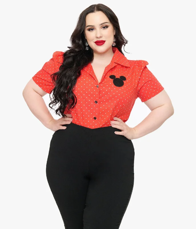 Disney Mickey & Friends Collection by Unique Vintage Plus Size Red Pin Dot Mickey Mouse Silhouette Cotton Blouse Feminine Ruffle Blouse