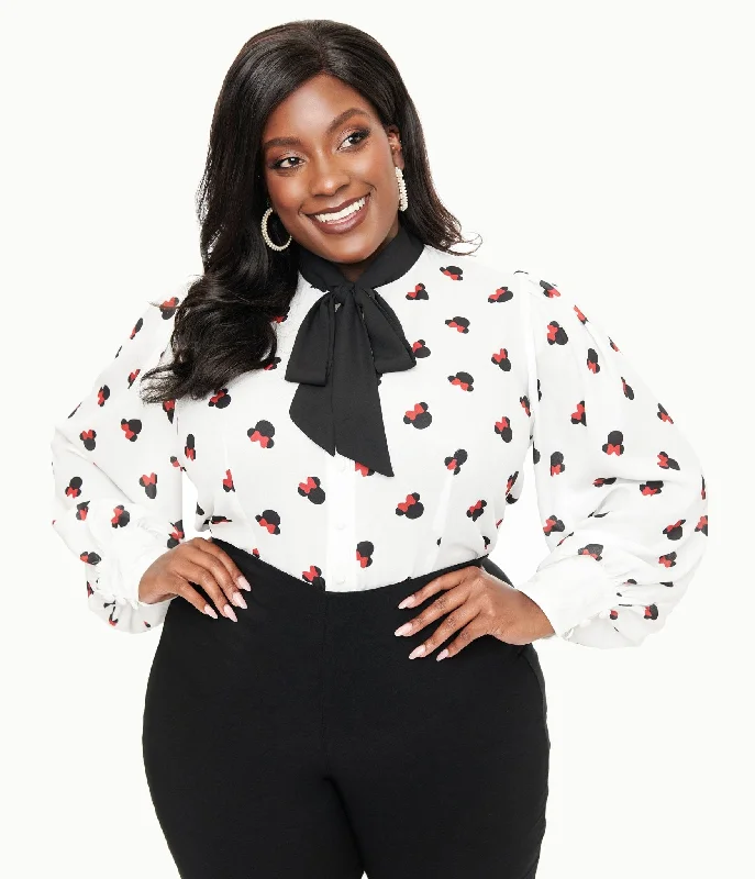 Preorder- Disney Mickey & Friends Collection by Unique Vintage Plus Size White Minnie Mouse Stamp Print Gwen Blouse Subtle Shimmer Blouse