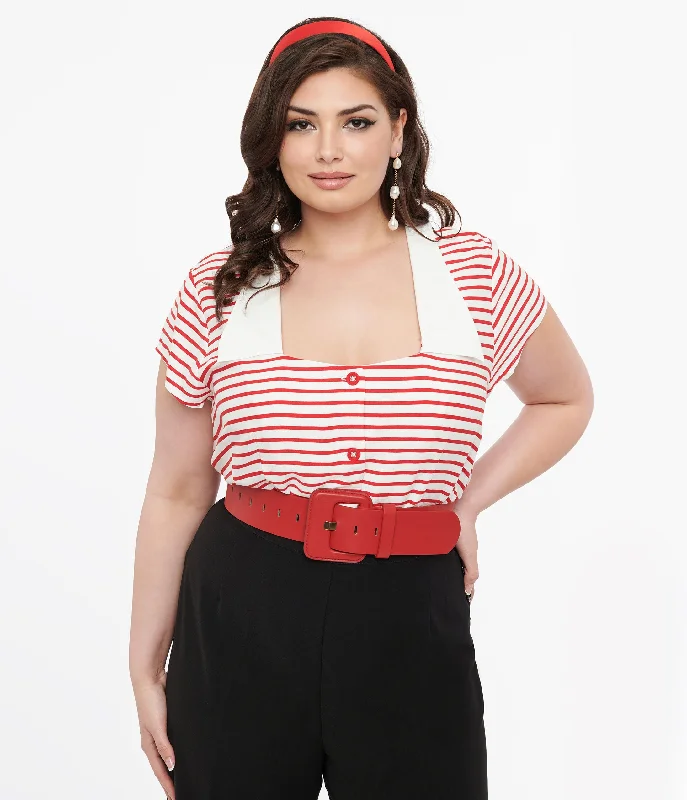 Hell Bunny Plus Size 1940s Red & White Stripe Ahoy Blouse Embellished Collar Blouse