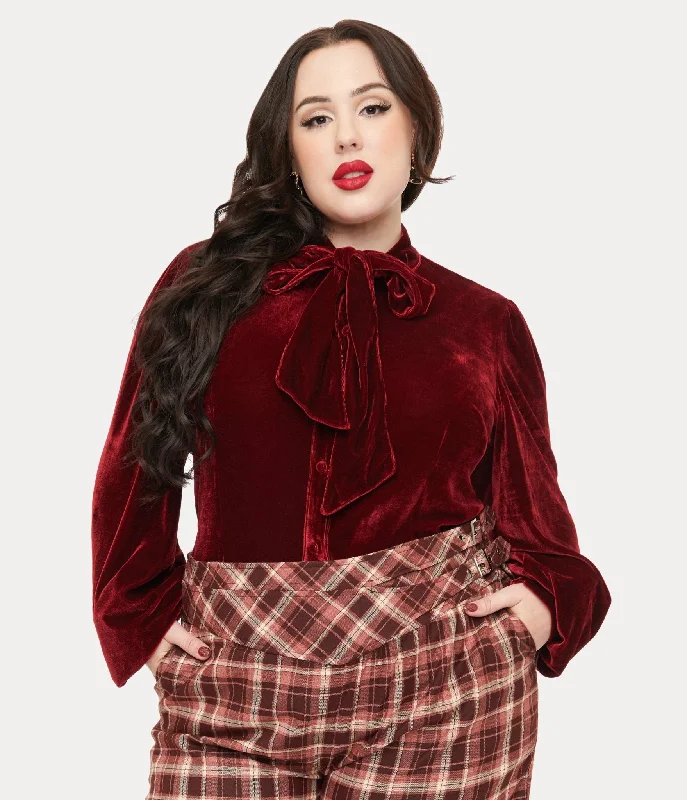 Unique Vintage Plus Size 1950s Merlot Velvet Gwen Blouse Soft Knit Blouse