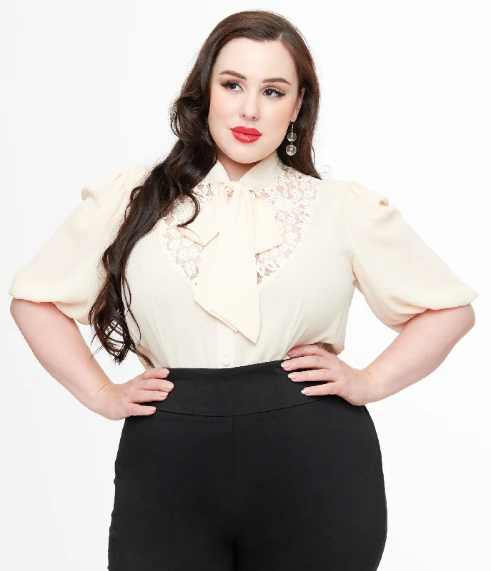 Unique Vintage Plus Size Cream Short Sleeve Neck Tie Gwen Blouse Balloon Sleeve Blouse