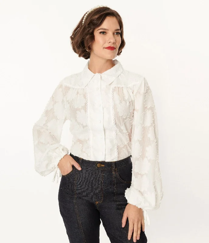 Unique Vintage White Floral Francesca Blouse Chic Wrap Blouse