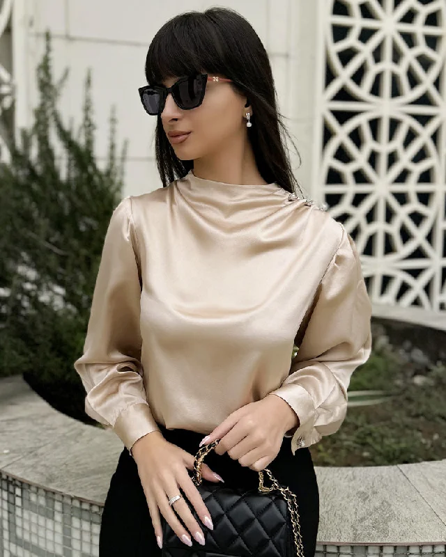 Mock Neck Silk Blouse with Pearl Button Delicate Bow Blouse