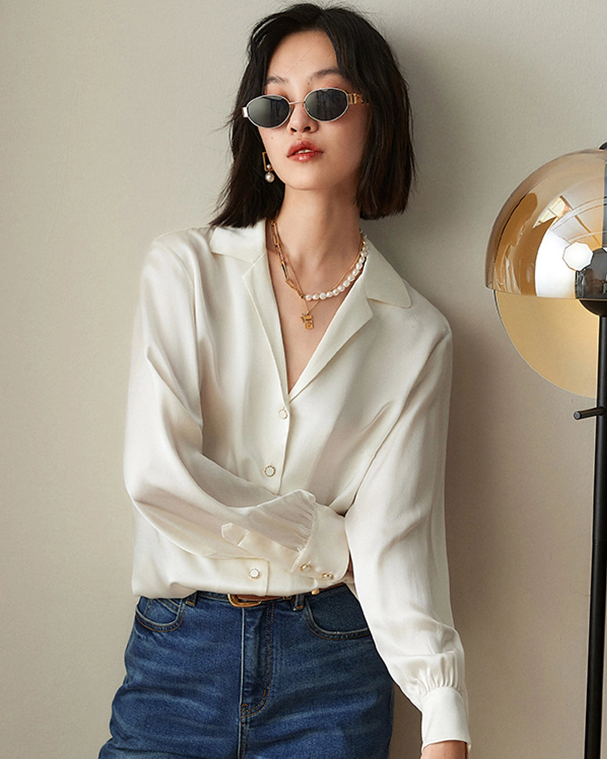 Elegant Classic V-neck Silk Blouse Relaxed Fit Blouse