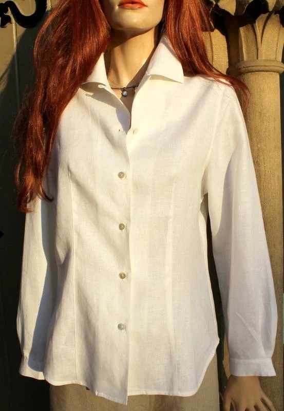 Womens Long Sleeved, Shaped Linen Blouse Asymmetric Hem Blouse