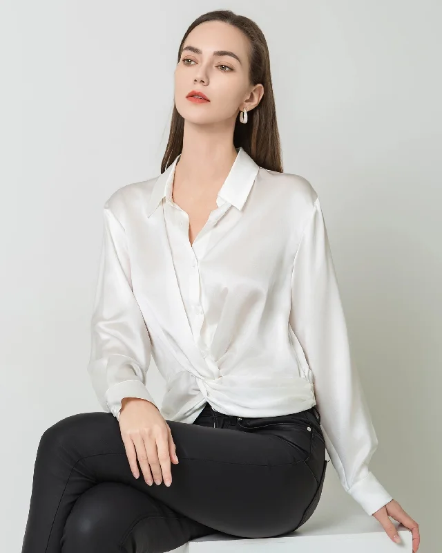 Luxury Irregular Hem Pleated Silk Blouse Collared Satin Blouse