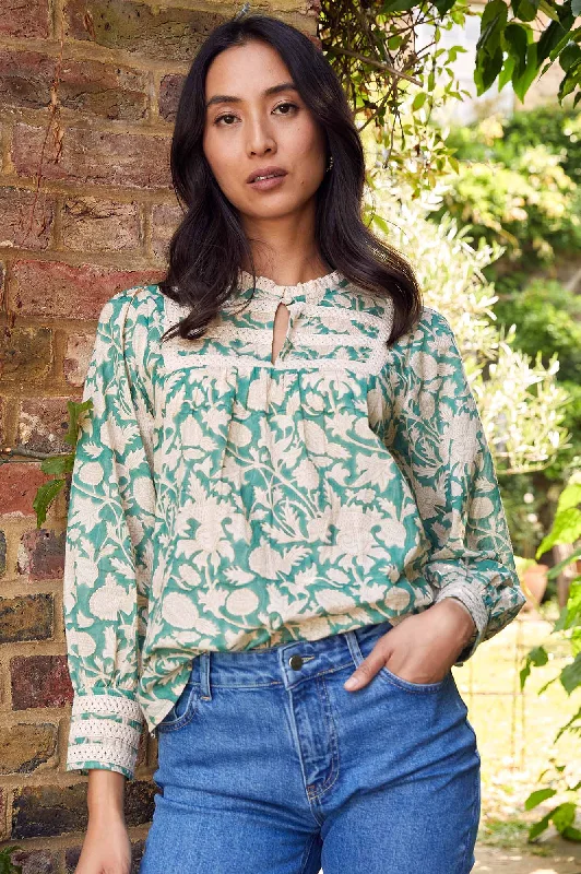 Margot Block Print Blouse | Tea Rose Green/Taupe Subtle Shimmer Blouse