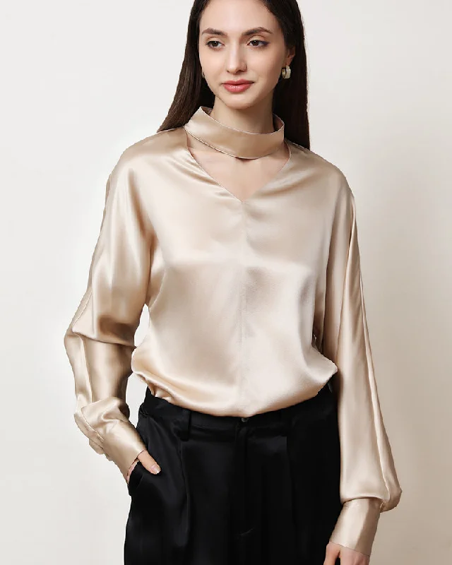 V-Neck Long Sleeve Silk Blouse Elegant Office Blouse