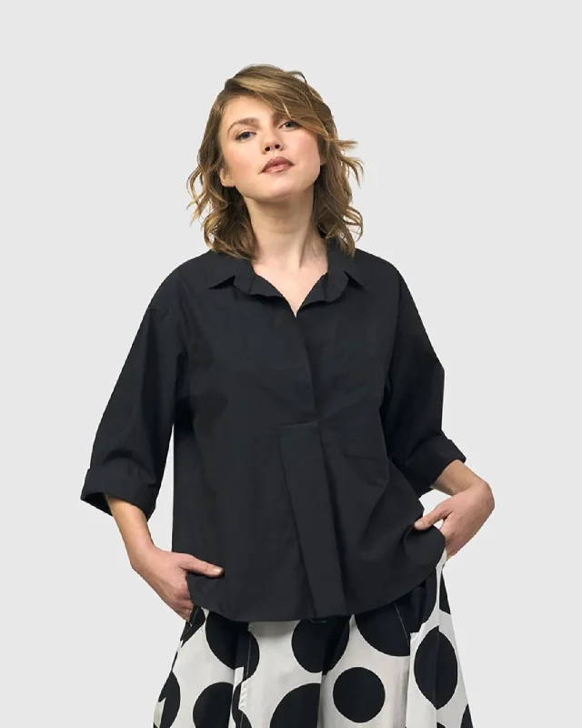 Urban Fran A-Line Blouse, Black Satin Drape Blouse