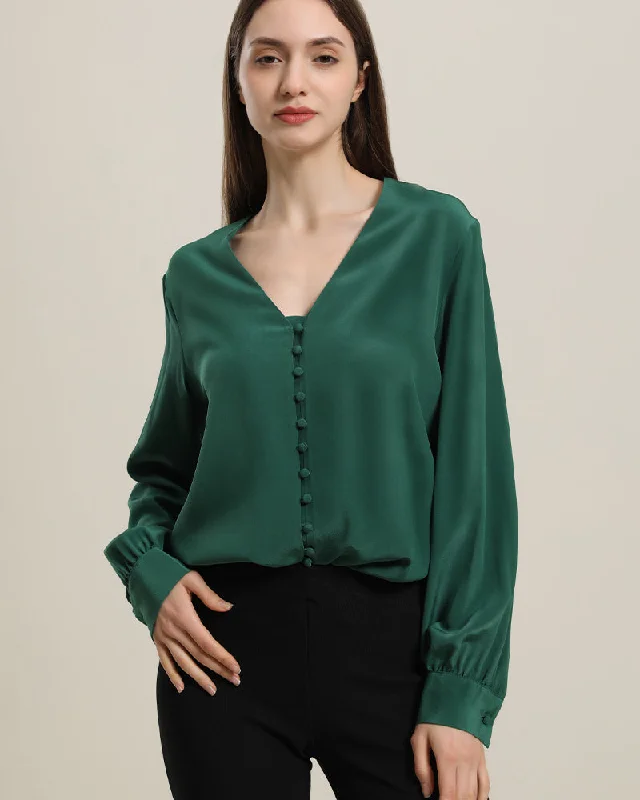 Deep V-Neck Long Sleeve Women Silk Blouse Chic Sleeveless Blouse