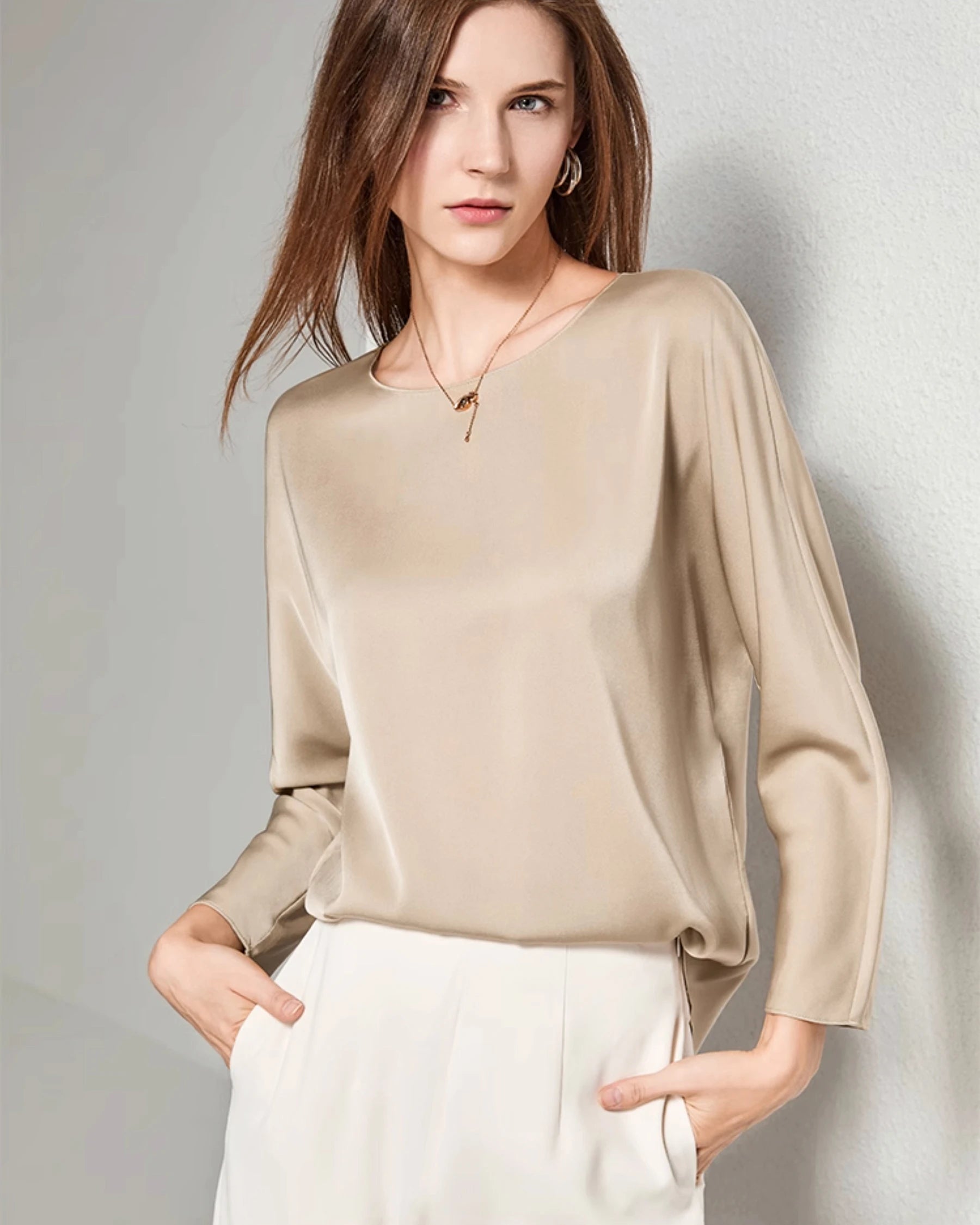 Women Basic Round Neck Silk Blouse Slim Fit Blouse