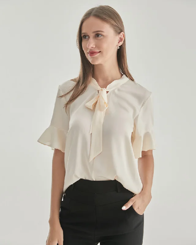 Women Bow-tie Neck Silk Blouse Double Button Blouse