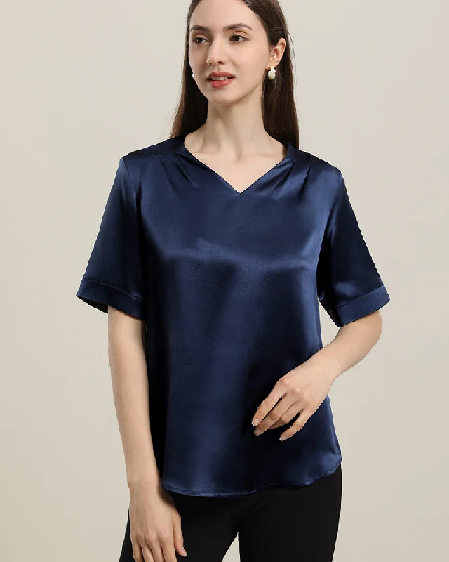 Short Sleeve V-neck Silk Blouse Versatile Layering Blouse