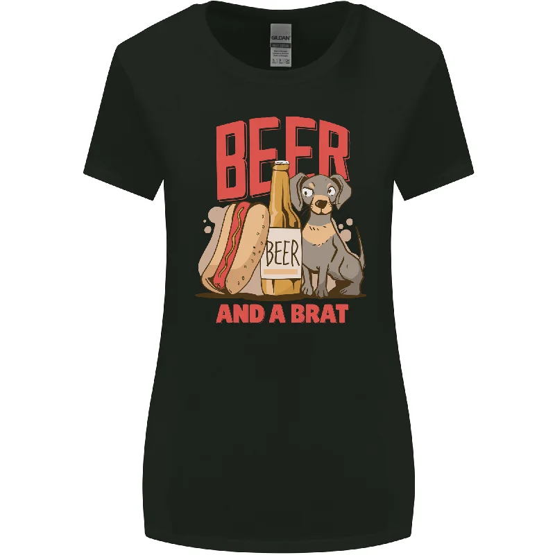 Beer and a Brat Funny Dog Alcohol Hotdog Womens Wider Cut T-Shirt Wool Fabric Cashmere Fabric Tweed Fabric