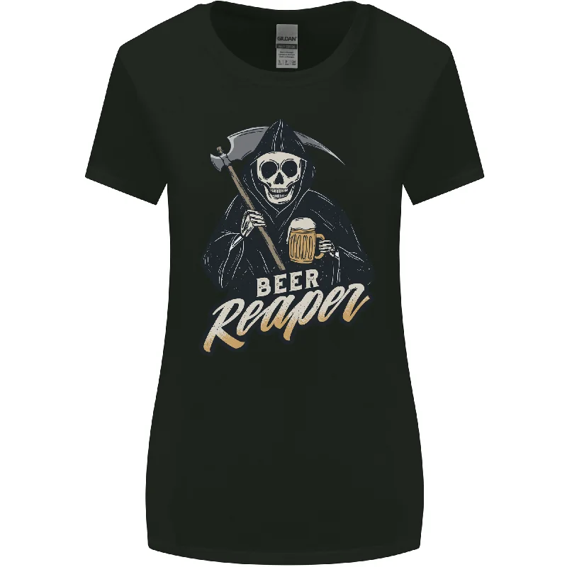 Beer Grim Reaper Skull Biker Alcohol Womens Wider Cut T-Shirt Zippered Front Buttoned Front Snap Front