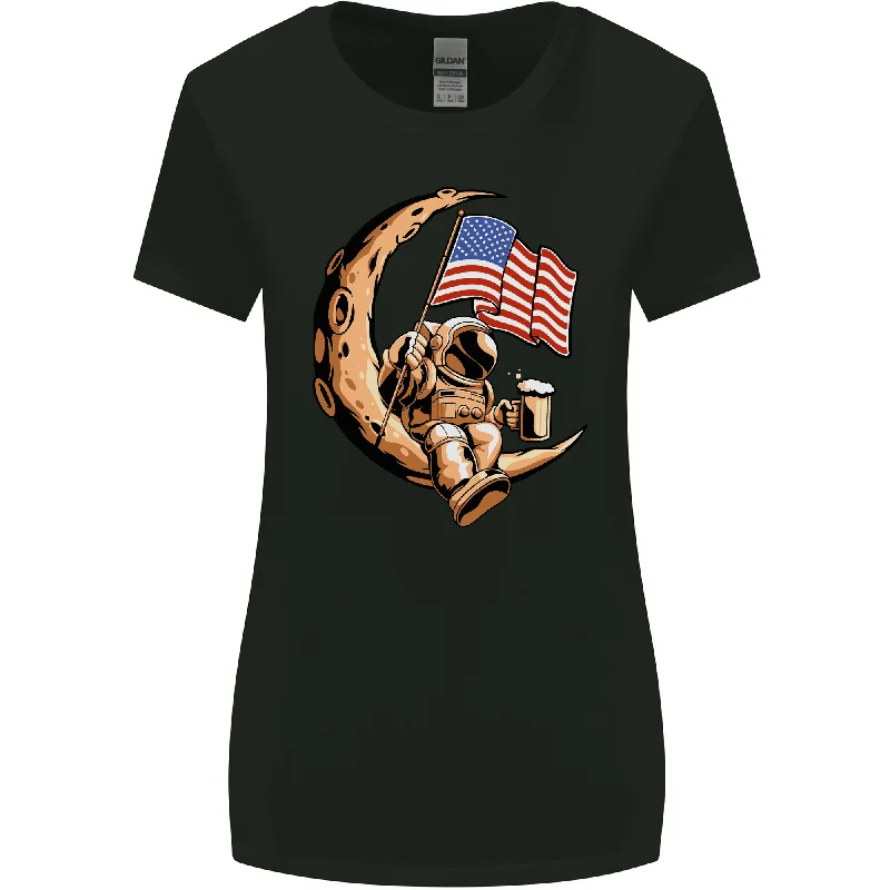 Beer Moon USA Flag Astronaut Space Alcohol Womens Wider Cut T-Shirt Mesh Blend Leather Blend Suede Blend