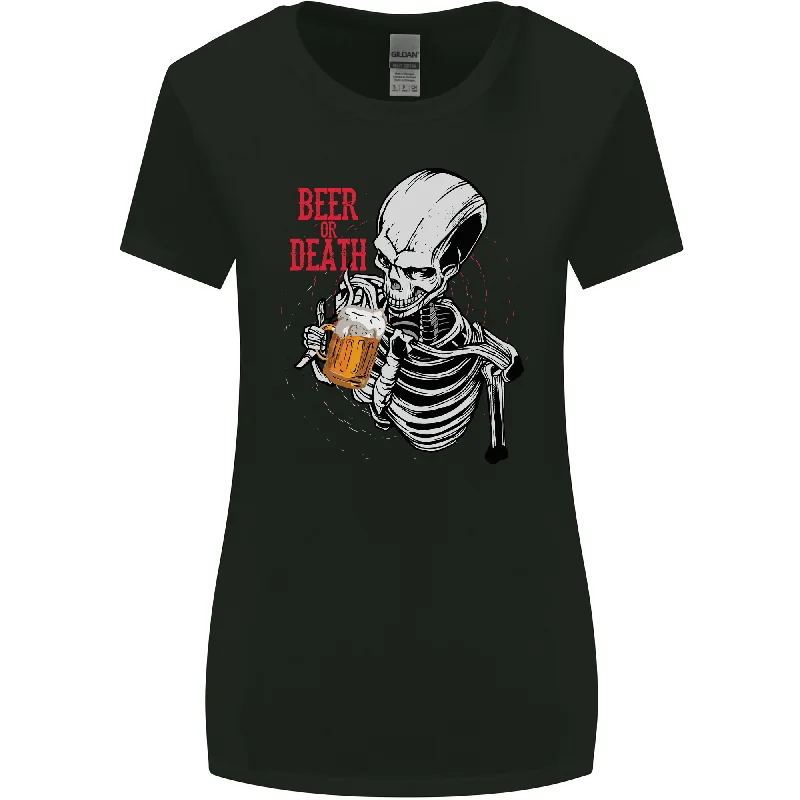 Beer or Death Skull Funny Alcohol Womens Wider Cut T-Shirt Collared T-Shirt Boat Neck A-Line