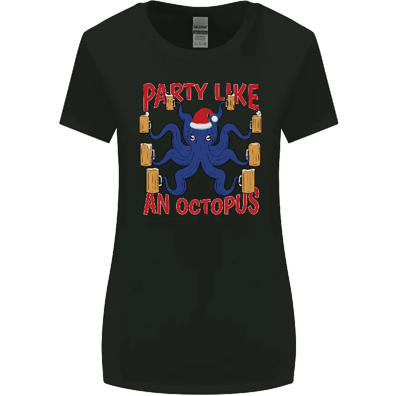 Beer Party Octopus Christmas Scuba Diving Womens Wider Cut T-Shirt Iron Safe Non-Iron Wrinkle Free