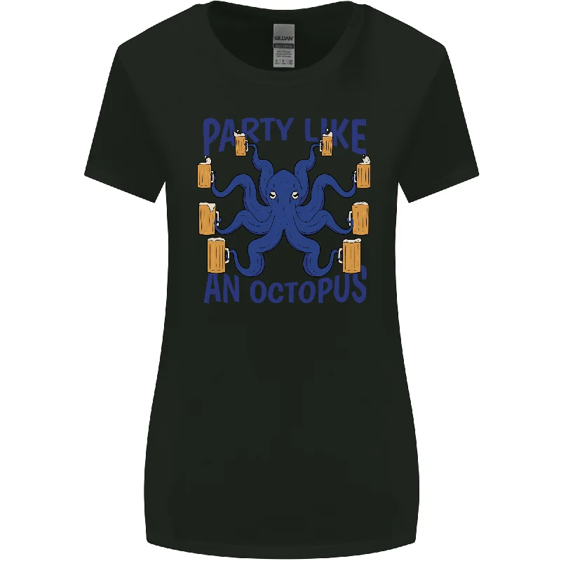 Beer Party Octopus Scuba Diving Diver Funny Womens Wider Cut T-Shirt Print Jacquard Patchwork