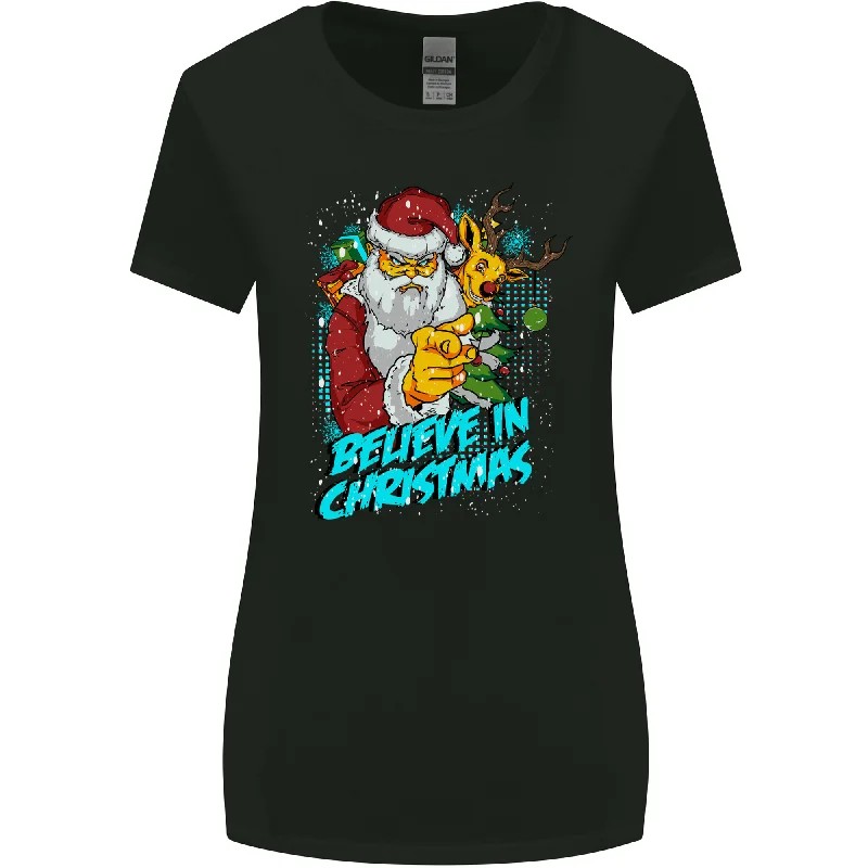 Believe in Christmas Funny Santa Xmas Womens Wider Cut T-Shirt Embroidered Appliqued Beaded