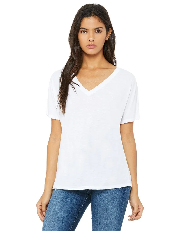 Bella+Canvas Ladies Flowy Simple V-Neck T-Shirt | White Mesh Canvas Denim