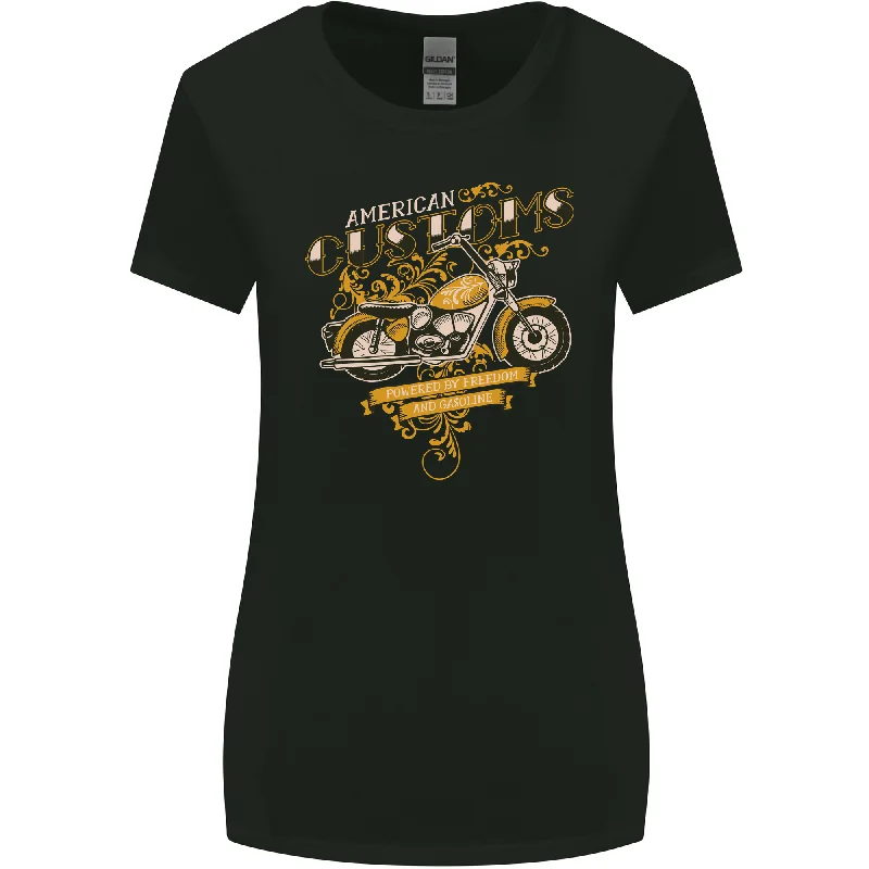 Biker American Customs Motorcycle Chopper Womens Wider Cut T-Shirt Front Pockets Side Pockets Patch Pockets