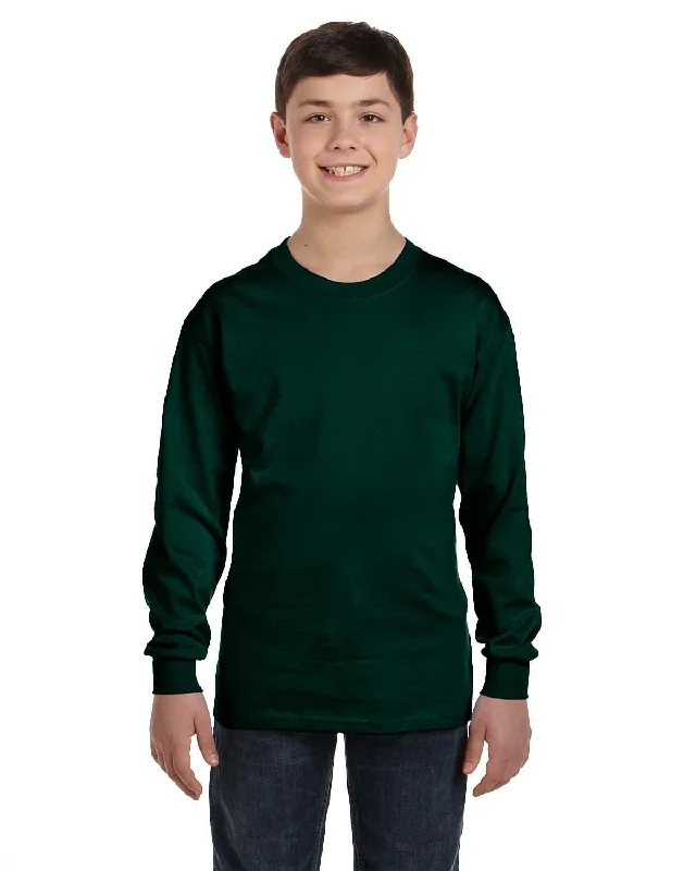 Gildan Youth Heavy Cotton Long Sleeve T-Shirt | Forest Green Notch Collar Peter Pan Collar Cowl Neck