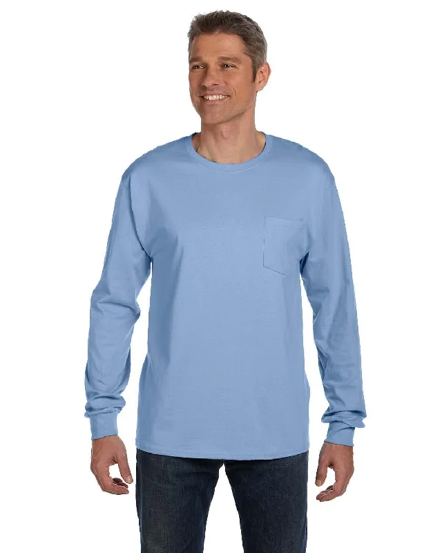 Hanes Tagless Long Sleeve Pocket T-Shirt | Light Blue Fitted T-Shirt Seamless Stretchy