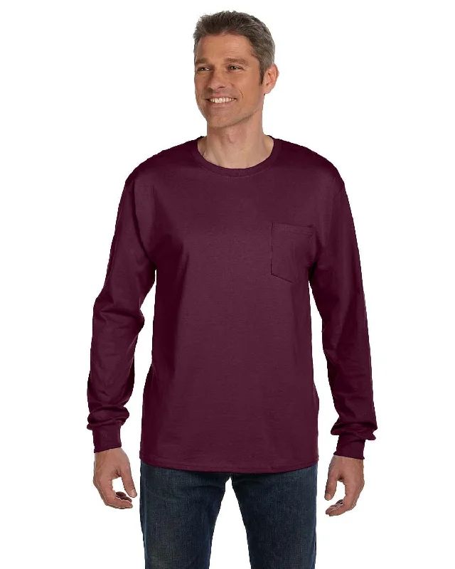 Hanes Tagless Long Sleeve Pocket T-Shirt | Maroon Houndstooth Herringbone Solid