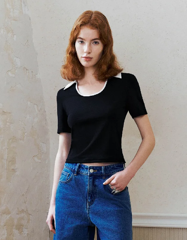 Lapel Skinny Knitted T-Shirt Solid Print Embellished