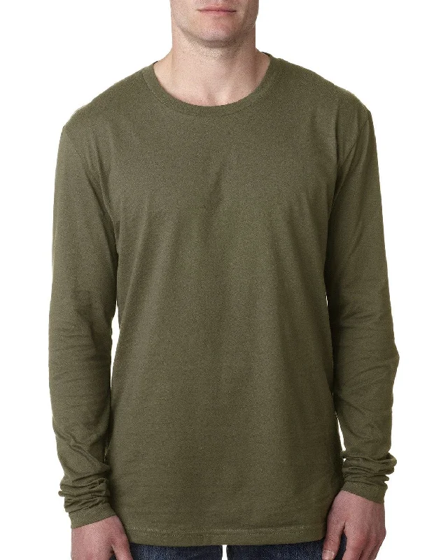 Next Level Mens Premium Long Sleeve Tee | Military Green Houndstooth Herringbone Solid