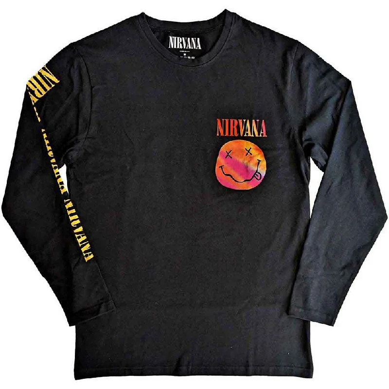 Nirvana Unisex | Official Band Long Sleeve T-Shirt | Gradient Happy Face (Back & Sleeve Print) Fleece Fabric Down Fabric Feather Fabric