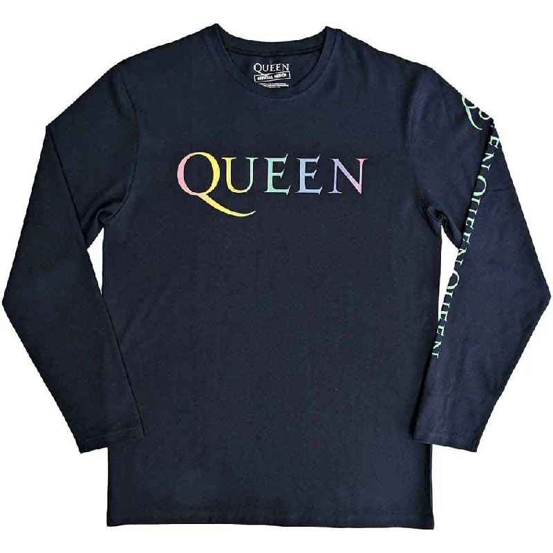 Queen | Official Band Long Sleeve T-Shirt | Rainbow Crest (Back & Sleeve Print) Hooded Caped Shawl Collar