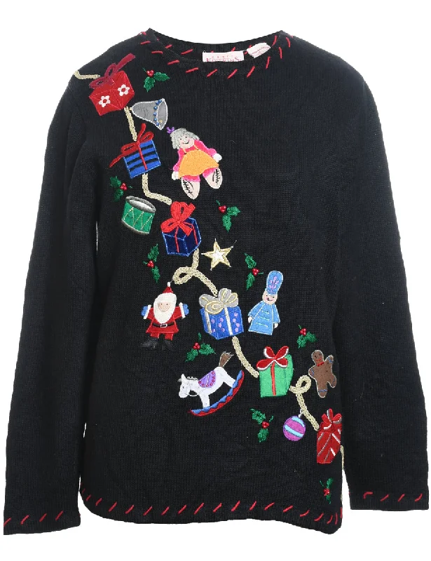 Black Appliqued Christmas Jumper - M Fleece Fabric Down Fabric Feather Fabric