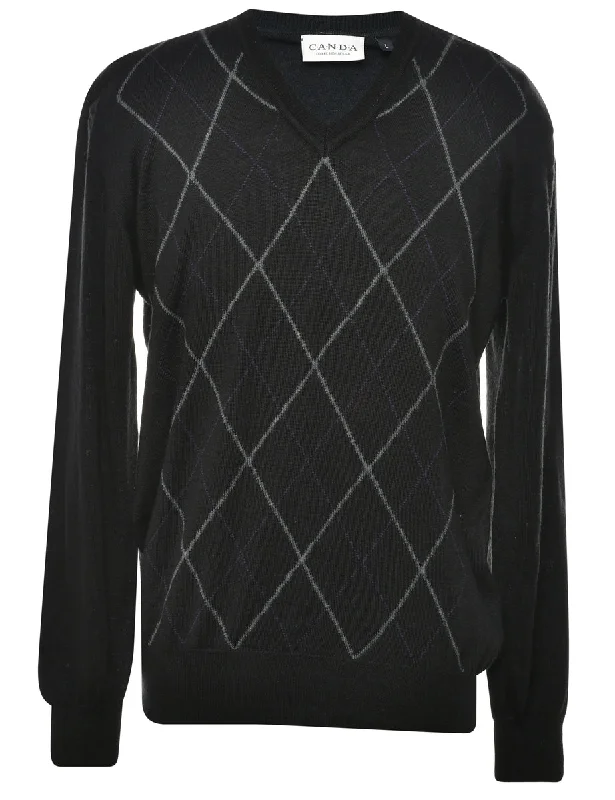 Black Argyle Jumper - L Ribbed Striped Patterned