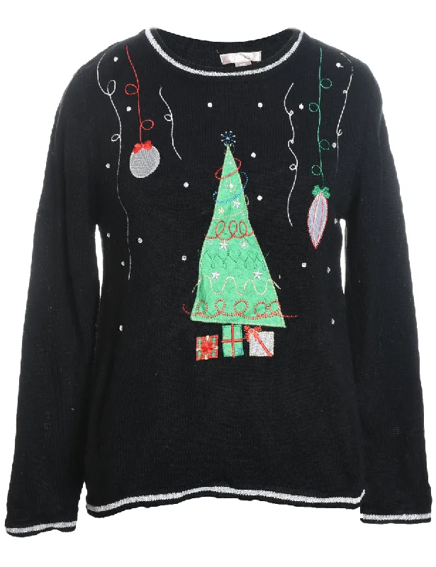 Black Christmas Embroidered Jumper - S Mesh Sweater Canvas Denim