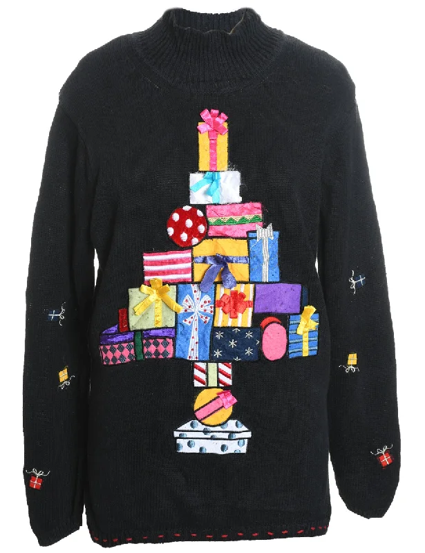 Black Christmas Jumper - L Solid Print Embellished