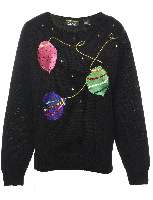 Black Christmas Jumper - L Print Jacquard Patchwork