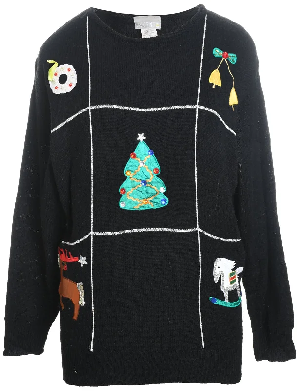 Black Christmas Jumper - L Notch Collar Peter Pan Collar Cowl Neck