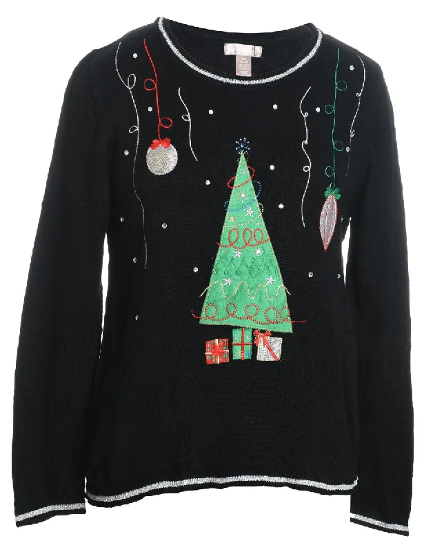 Black Christmas Jumper - L Boat Neck Shawl Collar Notched Collar