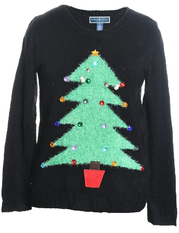 Black Christmas Jumper - L Denim Fabric Leather Fabric Suede Fabric