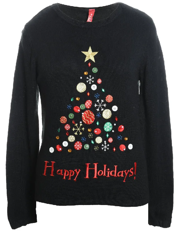 Black Christmas Jumper - M Solid Color Striped Floral Print