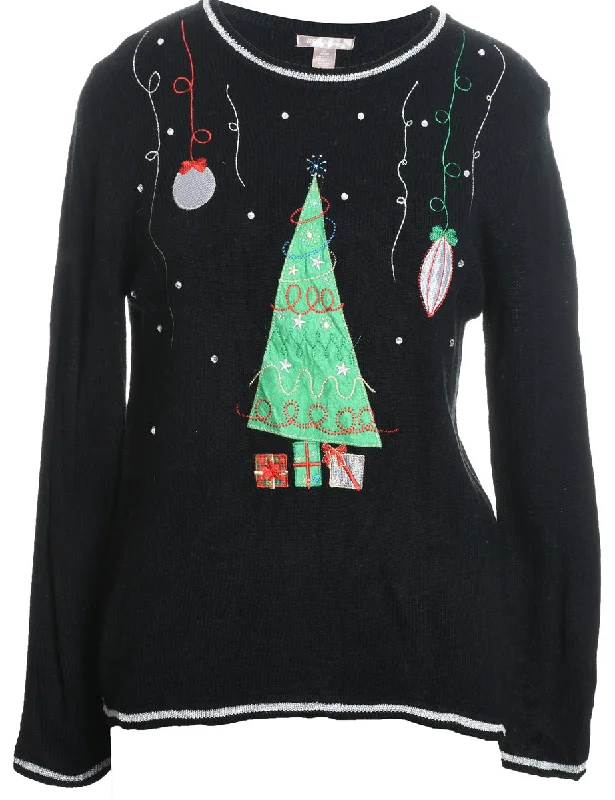 Black Christmas Jumper - M Graphic Sweater Embroidered Appliqued