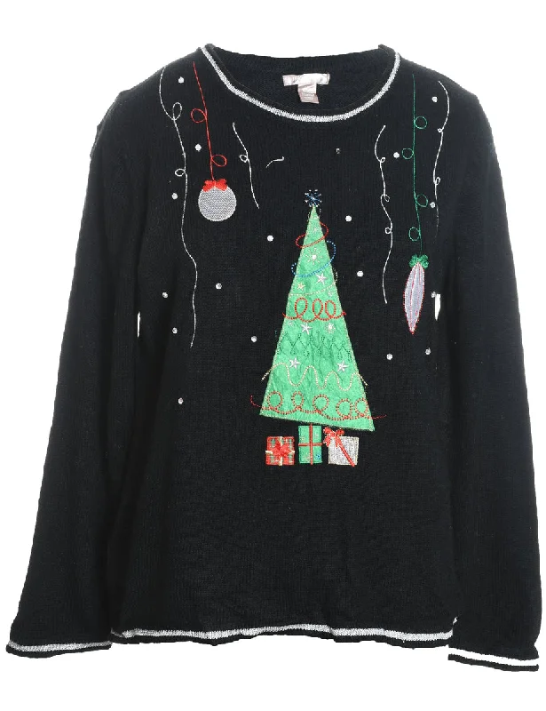 Black Christmas Tree Design Jumper - L Front Pockets Side Pockets Patch Pockets