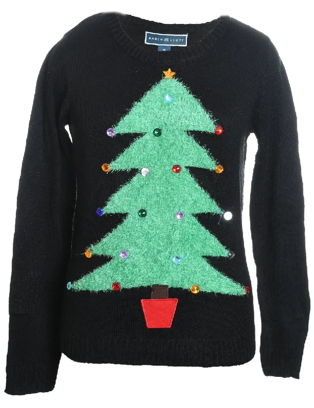 Black Christmas Tree Design Knit Jumper - M Welt Pockets Slit Pockets Flap Pockets