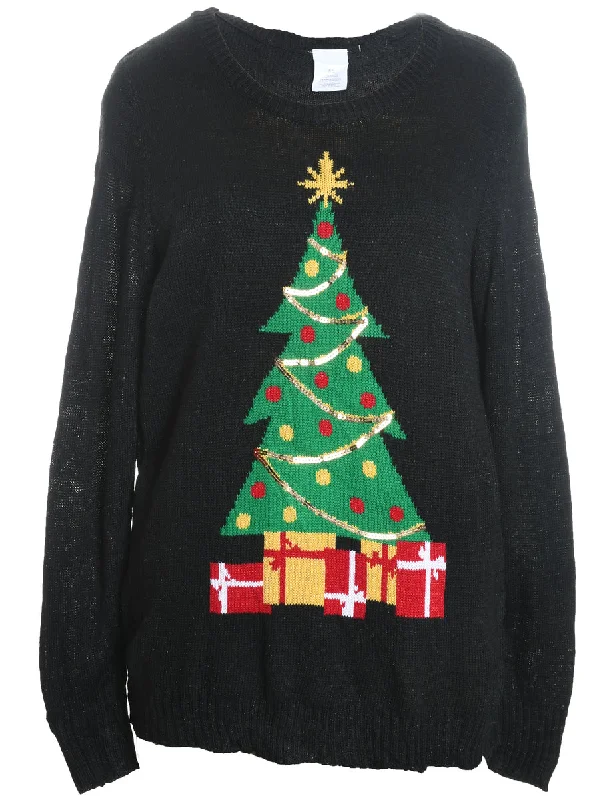 Black Christmas Tree Design Knit Jumper - XL Denim Fabric Leather Fabric Suede Fabric