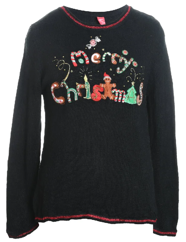 Black Embroidered Christmas Jumper - M Mesh Sweater Canvas Denim