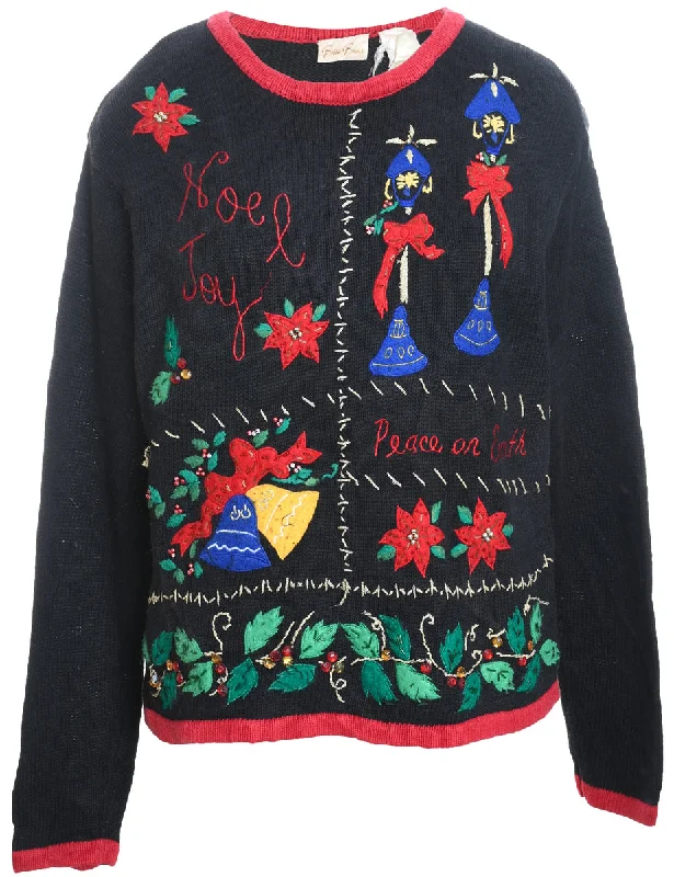 Black Embroidered Floral Christmas Jumper - M Terry Terry Cloth Terry Knit