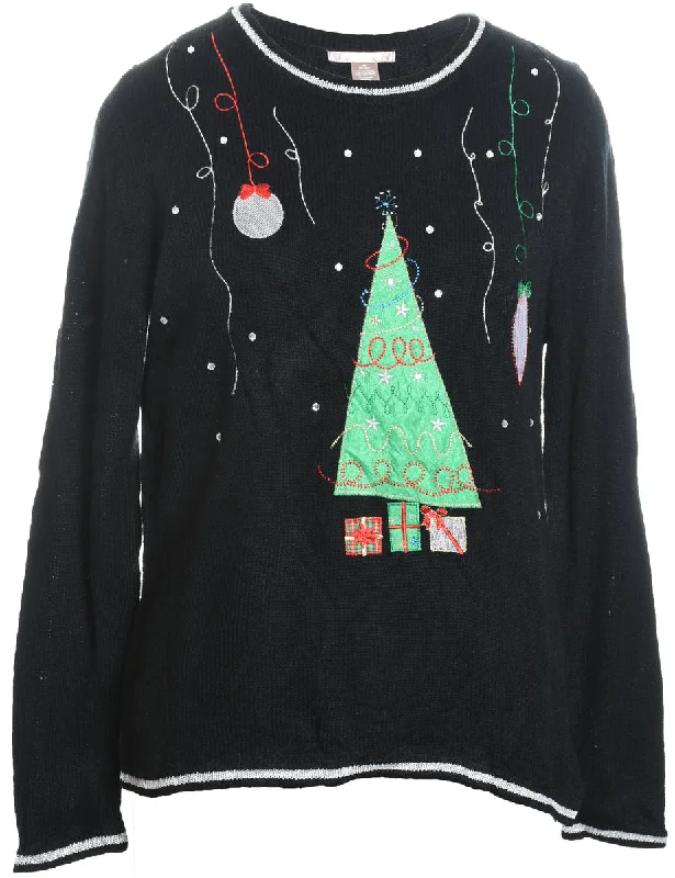 Black Embroidered Knit Christmas Jumper - M Lightweight Heavyweight Midweight